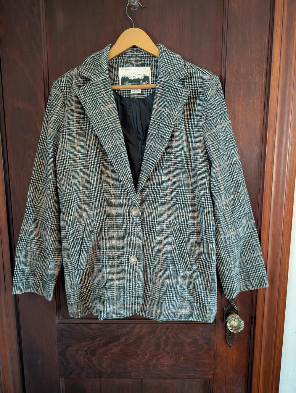 American Eagle Small Black Tan Plaid Blazer 2010's Wool Blend